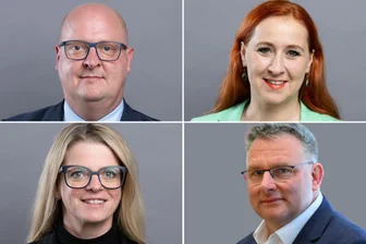 Keine Mehrheit für Diätenerhöhung in Sachsen: Linke kündigt Ablehnung statt Enthaltung an - Viererbündnis für Sachsens Doppelhaushalt, aber nicht (mehr) für die aktuell geplante Diätenerhöhung: die Fraktionsvorsitzenden Henning Homann (SPD/oben links), Franziska Schubert (Grüne), Christian Hartmann (CDU) und Susanne Schaper (Linke/unten links).