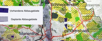 Kies auch nahe der Vogelsiedlung - Regionalplan Südwestsachsen: Sichtbar sind speziell die Vorkommen in Schneppendorf, Eckersbach und Marienthal. Das Schraffierte in der Mitte stellt Überschwemmungsbereiche an der Mulde dar. 