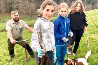 Kinder pflanzen 200 kleine Eichen - Greta, Annika und Helena (v. l.) pflanzten bei der Erstaufforstung im Griesetal in Lauter einige Eichen. Michael Pfalz und sein Hund Django unterstützten die Mädels dabei.