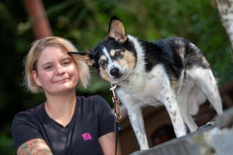 Kleiner Hund, große Unterstützung: Wie Plauener der Tierheimhündin Aza helfen - Für Hündin Aza (mit Helferin Bianca Schneider) sprang auch ein Imbiss in die Bresche.