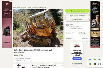 Klingenthaler Almterrorist verkauft seine Baumaschinen im Internet - Anzeige für eine Laderaupe bei Kleinanzeigen.de.