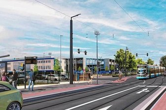 Knappe Stadtfinanzen: Kein Geld für neue Straßenbahnlinien in Chemnitz? - Der Stadtrat hat 2022 die Erweiterung des Straßenbahnnetzes in Richtung Zeisigwald (hier eine Grafik einer angedachten Haltestelle am Stadion an der Gellertstraße) und Reichenbrand beschlossen. Für die Planungen sei im Entwurf des neuen Etats der Stadt aber nicht genügend Geld vorgesehen, kritisieren die Grünen. 