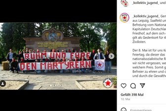 Kommunisten aus Zwickau: Verfassungsschutz stuft Gruppe als linksextremistisch ein - Am 8. Mai posierten die Mitglieder des „Kollektivs Zwickau“ für ein Gedenken am sowjetischen Ehrenhain auf dem Hauptfriedhof.