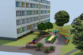 Kooperation für ein neues Wohnangebot - Die Fassade des Hauses Erzstraße 2 im Wohngebiet Heide ist bereits fertig. 2022 soll diese Gartengestaltung folgen. 