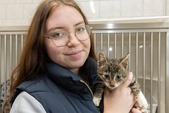 Krank, abgemagert, ausgesetzt: Katzen-Leid bringt Tierheim-Team im Erzgebirge an seine Grenzen - Napoleon – im Bild mit Nathalie Wagner – kam abgemagert, mit starkem Katzenschnupfen und verklebten Augen als Fundtier aus Schlettau im Tierheim „Neu-Amerika“ an. „Er hatte Glück, dass er überlebt hat“, sagt Leiterin Peggy Kreher.