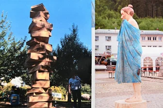 Kriebstein: Holzkünstler bringen Motorsägen zum Glühen - „Bookworm“ (links) und „Nach dem Bade“ waren Projekte für das Symposium „Kunst am Wasser" im vergangenen Jahr.