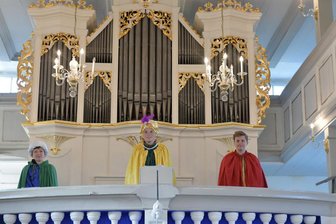 Krippenspiel im Kirchspiel Frauenstein greift Corona-Pandemie auf - Die Heiligen drei Könige mit Ben Seliger als Balthasar, Anton Exner als Caspar und Noah Sandig als Melchior sind beim Krippenspiel im Kirchspiel Frauenstein mit dabei.