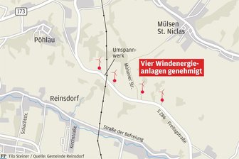 Kritik am neuen Windpark zwischen Reinsdorf und Mülsen - Die Standorte der bisher vier genehmigten Windräder nördlich der Freitagstraße auf dem Höhenrücken zwischen Reinsdorf und Mülsen.