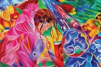 Künstlerin "zwischen den Welten" unterwegs - Mit diesem farbenfrohen Motiv wird auf Plakaten für die Ausstellung geworben.