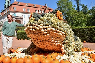 Kürbisfestival taucht Schlosspark Lichtenwalde wieder in Orange – Was ist diesmal anders? - Schlösserchefin Patrizia Meyn am Froschkönig beim Kürbisfestival 2024 in Lichtenwalde.