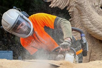 Kult zu Pfingsten zwischen Dorfchemnitz und Mulda: Kettensägenschnitzen-WM in Blockhausen - Norman Altermatt gehört zu den Kettensägern aus elf Ländern, die sich in Blockhausen messen. 