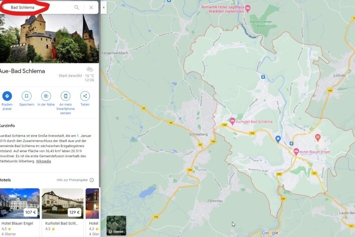 Kuriosität bei Google Maps: Bad Schlema schluckt Aue - Bad Schlema scheint Aue vereinnahmt zu haben. 