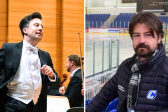 Kurz vor „Rummelplatz“-Premiere in Chemnitz: Oper trifft Eishockey - GMD Benjamin Reiners (links) trifft am Samstag Torsten Buschmann, Chef der Crashers Chemnitz.