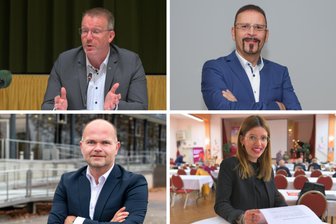 Landratswahl in Mittelsachsen: Sie wollen auf Dirk Neubauer folgen - Sven Krüger, Jens Tamke (oben re.), Mario Lorenz (u.li.) und Cindy Reimer kandidieren zur Landratswahl.