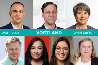 Landtagswahl am 1. September: Diese Kandidaten bewerben sich im mittleren Vogtland zwischen Reichenbach und Oelsnitz um einen Sitz im neuen sächsischen Landtag - Direktkandidaten für den Landtag im Wahlkreis Vogtland 3 (von links oben nach rechts unten): Marcus Fritsch (CDU), René Standke (AfD), Petra Rank (Linke), Danny Przisambor (Grüne), Saskia Feustel (SPD), Luisa Strobel (FDP) und Janina Pfau (BSW). Im Wahlkreis treten außerdem Stephan Hösl (Freie Wähler) und Heiko Petzoldt (Werte-Union) an.
