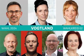 Landtagswahl am 1. September: Diese Kandidaten bewerben sich zwischen Bad Brambach und Rodewisch um einen Sitz im neuen sächsischen Landtag - Von links oben nach rechts unten: Sören Voigt (CDU), Janet Hartenstein (AfD), Antje Feiks (Linke), Olaf Horlbeck (Grüne), Tim Müller (SPD), Torsten Schnurre (FDP) und Anja Kunze (BSW). Außerdem treten im Wahlkreis Georg Grajewski (Freie Wähler) und Thomas Strobel (Werte-Union) an.
