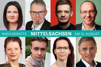 Landtagswahl in Sachsen 2024: Diese Kandidaten stehen den Wählern am 13. August in Freiberg Rede und Antwort - Bei der Wahldebatte sind diese Kandidaten dabei. Oben von links: Susan Leithoff (CDU), Marko Winter (AfD), Alexander Geißler (SPD), Wolfram Günther (Grüne). Unten von links: Julia Richter (Die Linke), Tim Suttner (FDP), Ines Schwarze (BSW), Reiner Hentschel (Freie Wähler).