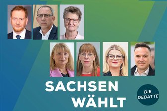 Landtagswahl Sachsen 2024 – die große Debatte der Spitzenkandidaten - Diese vier Frauen und drei Männer sind bei der Debatte dabei (von links nach rechts, erst oben, dann unten): Michael Kretschmer (CDU), Jörg Urban (AfD), Sabine Zimmermann (BSW), Petra Köpping (SPD), Katja Meier (Grüne), Susanne Schaper (Linke) und Robert Malorny (FDP).