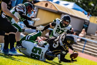 Lange Spielunterbrechung wegen schwerer Verletzung: Freiberger Footballer verlieren das erste Schicksalsspiel - Nach der kräftezehrenden Heimpleite gegen die Erzgebirge Miners bleibt den Freibergern (schwarze Trikots) nicht viel Zeit zum Regenerieren.