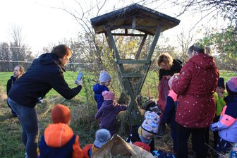 Langenhessen: Kita-Kinder kümmern sich um Fütterung - Die Futterkrippe wird befüllt.