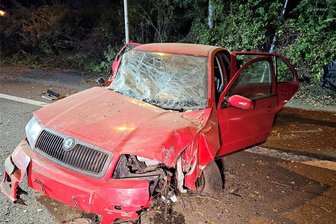 Laterne umgefahren, Baum und Blumen beschädigt: Spur der Verwüstung nach Unfall am Westsachsenstadion in Zwickau - Der Skoda musste nach dem Unfall abgeschleppt werden.
