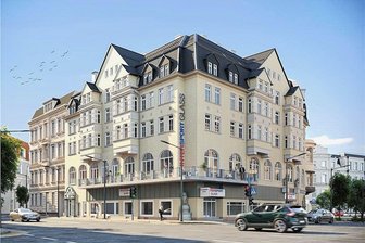 Leben und Wohnen im Goethe-Palais im Herzen von Aue: Die ersten Mieter sind eingezogen - So soll das Haus nach seiner Fertigstellung aussehen, aufgenommen wird dabei als Fassadengestaltungselement der ursprünglich vorhandene, umlaufende Balkon.