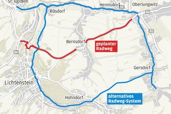 Lichtenstein: Umstrittener Radweg-Bau an B 173 verzögert sich „auf unbestimmte Zeit“ - Der geplante Radweg entlang der B 173 zwischen Lichtenstein und Gersdorf und die vorgeschlagenen Alternativrouten.