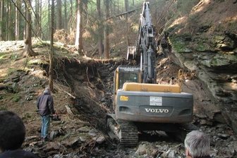 Liegen Bernsteinzimmer und Nazi-Schatz doch bei Rodewisch? - Schon im April 2010 war mit einem Bagger im Waldgebiet zwischen Rodewisch und Wernesgrün nach verschütteten Stolleneingängen gesucht worden - allerdings ohne Erfolg. 