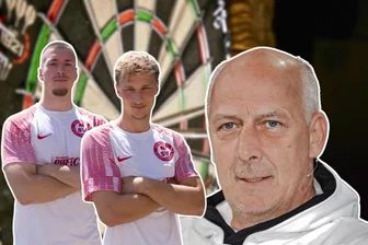 Lokalmatadoren gegen Kult-Kicker: Zwei Spieler des Meeraner SV wollen Mario Basler an der Dartscheibe herausfordern - Joe Lino Müller und Christoph Otto vom Meeraner SV werden am Samstag auf Mario Basler (v.l.) treffen.