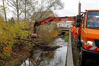 Lungwitzbach: Anwohner aus Gersdorf und Oberlungwitz sehen großes Hochwasserrisiko durch schlechten Pflegezustand - Kürzlich holten Bauhofmitarbeiter aus Oberlungwitz und Gersdorf einen Baumstamm aus dem Lungwitzbach.