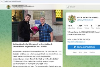 Lunzenau: Stadträtin der „Freien Sachsen“ vertritt jetzt den Bürgermeister - Ein Screenshot der Telegram-Seite der Freien Sachsen Mittelsachsen: Für Stadträtin Anne Liebing („Freie Sachsen“) gab es nach der Wahl zur zweiten Stellvertretenden Bürgermeisterin von Lunzenau Glückwünsche und Blumen.