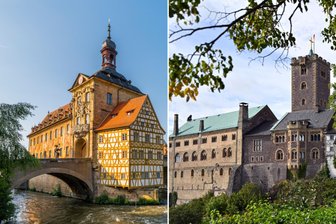 Lust auf einen Wochenendtrip mit der Bahn von Zwickau aus? Diese fünf Ziele sind in maximal vier Stunden erreichbar - Wo soll's denn hingehen? Bamberg mit dem alten Rathaus (links) und Eisenach mit der Wartburg sind auf jeden Fall lohnende Reiseziele.