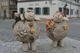 Lustiges Suchspiel in Zwönitz: Wo haben sich die Schäfchen versteckt? - Kuschel-Konni (links) und Bella Bluma sind zwei der Schäfchen, die in den Schaufenstern versteckt sind.