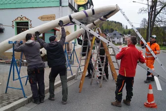 Mächtige Walknochen aus Holz: Zwotaer Gasthof hat sein Wahrzeichen zurück - Freitagabend am Gasthof zum Walfisch in Zwota: Rechtzeitig vor dem Hammerspektakel am 1. Mai werden die erneuerten Walknochen aus Holz als Wahrzeihen der traditionsreichen Einkehrstätte wieder aufgestellt - wie schon einmal 1932 und 2012. Ein hartes Stück Arbeit für die Helfer, jedes der beiden Teile wiegt gut vier Zentner.