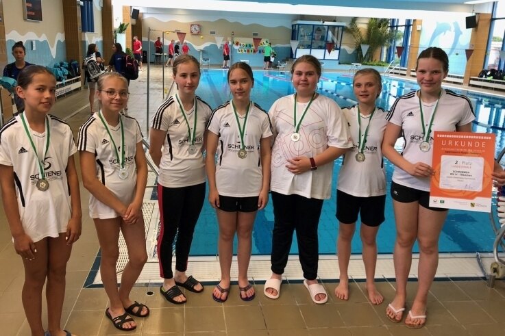Mädchenteam gewinnt Silber - Die Schwimmerinnen der Wettkampfklasse IV (Jg. 2009 und jünger) des Plauener Diesterweg-Gymnasiums belegte beim Landesfinale von "Jugend trainiert für Olympia" in Kamenz den 2. Platz bei den Regelgymnasien.