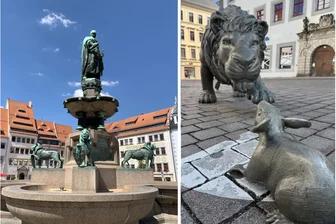 Mäuse suchen statt Eier: Freiberg lädt zum Osterspaziergang mit Löwenritt - Die Löwenfamilie am Freiberger Obermarkt. Alt und jung.