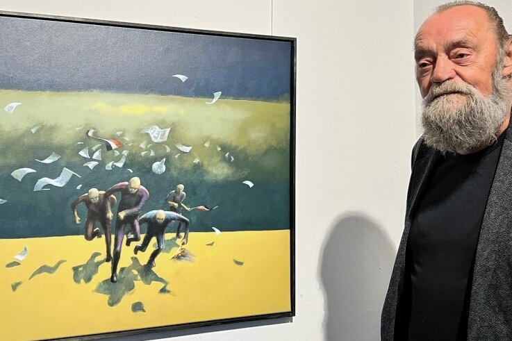 Maler gewinnt Christoph-Graupner-Kunstpreis - Jürgen Szajny mit seinem Werk "Wer Wind sät, wird Sturm ernten", mit dem er den Graupner-Preis 2022 gewonnen hat.