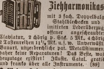 Mammutprojekt will Akkordeon-Hersteller erfassen - Akkordeonbau gab es einst auch in Schöneck, wie diese Werbeanzeige von 1906 belegt.