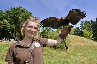 Mehr als 1000 Besucher bei Jägerfest in Schneeberg - Falknerei zeigt Greifvogel-Flugshow - Lisa Schubach von der Falknerei am Rennsteig mit Wüstenbussard „Willi“.