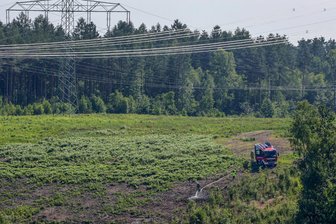 Meinsdorf: Feuerwehr löscht am Waldrand - Das Feuer war unter einer großen Hochspannungsleitung ausgebrochen.