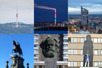 Miete, Regen, Solarenergie: Wo Chemnitz besser dasteht als Dresden und Leipzig - Chemnitz liegt nicht nur höher, sondern hat auch das höhere Bauwerk und die höhere Plastik als Dresden (links mit Fernsehturm und König-Johann-Statue) und Leipzig (rechts mit City-Hochhaus und Richard-Wagner-Denkmal mit „Schatten“).