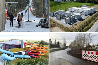 Millioneninvestitionen im Erzgebirge: Sie gehören zu den größten Vorhaben dieses Jahr - Ob Himmelsleiter-Projekt (von oben l. im Uhrzeigersinn), neuer Batteriespeicher, Radwegebau oder Freizeitbad-Erweiterung: Im Erzgebirge wird dieses Jahr weiter kräftig investiert.