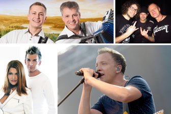 Mit Bergparade und Joris durch das 38. Bergstadtfest in Freiberg: Wer kommt zum größten Volksfest Mittelsachsens? - De Hutzenbossen, die Cramer Band, Joris und Groove Coverage (im Uhrzeigersinn von o. l.) sind nur einige der vielen Musiker, die beim 38. Bergstadtfest in Freiberg auftreten.