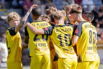 Mit Joker aus dem Krankenbett: VFC Plauen feiert ersten Heimsieg seit fast einem Jahr - Das Foto zeigt den Plauener Torjubel nach dem 1:0. Am Ende stand für den VFC am Samstag gegen Heiligenstadt ein 4:0-Erfolg zu Buche.