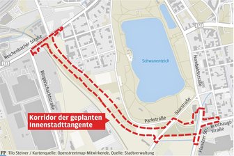 Nach 50 Jahren: Neue Pläne für Zwickauer Innenstadttangente - Auf einer Fläche von 6,8 Hektar soll die Innenstadttangente zwischen Planitzer Straße und Reichenbacher Straße gebaut werden. Aber: Die Streckenführung geht auch über Grundstücke, die der Stadt noch gar nicht gehören.