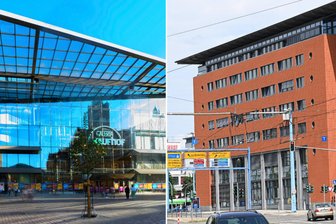 Nach Kaufhof-Deal in Chemnitz: Das BSW hat Fragen - Der Stadtrat hat entschieden: Der Behördenstandort Moritzhof (rechts) wird aufgegeben. Stattdessen soll der alte Kaufhof (links) zum neuen Bürgerservice-Zentrum werden.