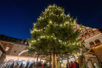 Nach Winterdorf-Premiere in Plauen: Gibt es eine Neuauflage? - Rund um die große Fichte luden sieben Büdchen zu Heißgetränken, Herzhaftem und Süßem ein.