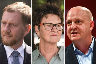 Nächste rote Linie für die Brombeerkoalition in Sachsen? - Wagen ab Dienstag Sondierungsverhandlungen: die Parteichefs Michael Kretschmer (CDU/links), Sabine Zimmermann (BSW) und Henning Homann (SPD).