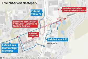 Neefepark Chemnitz: Eine Zufahrt bald für drei Tage gesperrt - Weil Teile für das Traggerüst des betonierten Brückenbaus und die Schalung ausgebaut werden, kommt es zu Behinderungen.