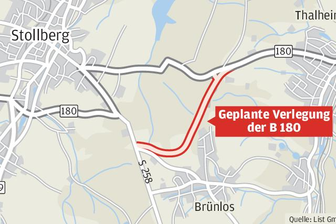 Neue B 180 bei Thalheim: Varianten-Untersuchung im Sommer beendet - So könnte - ganz grob gedacht - die Streckenführung aussehen. Wohin die B 180 aber genau verlegt wird, bleibt offen. Die zu erwartenden Kosten für den Neubau belaufen sich nach derzeitigem Planungs- und Kenntnisstand sowie aktuell vorliegendem Preisniveau auf rund 22 Millionen Euro.